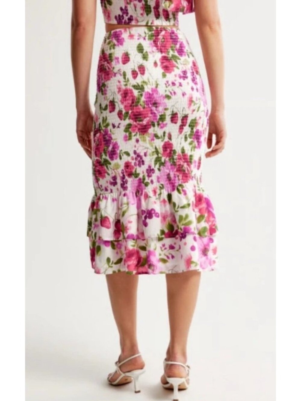 Floral Print Midi Smocked Skirt With Ruffled Hem